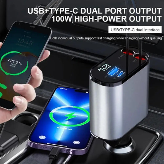 "Ultimate Car Charger: 100W 4-In-1 Fast Charging Solution for Iphone, Samsung, and More - Includes Retractable USB Type C Cable and Cigarette Lighter Adapter!"
